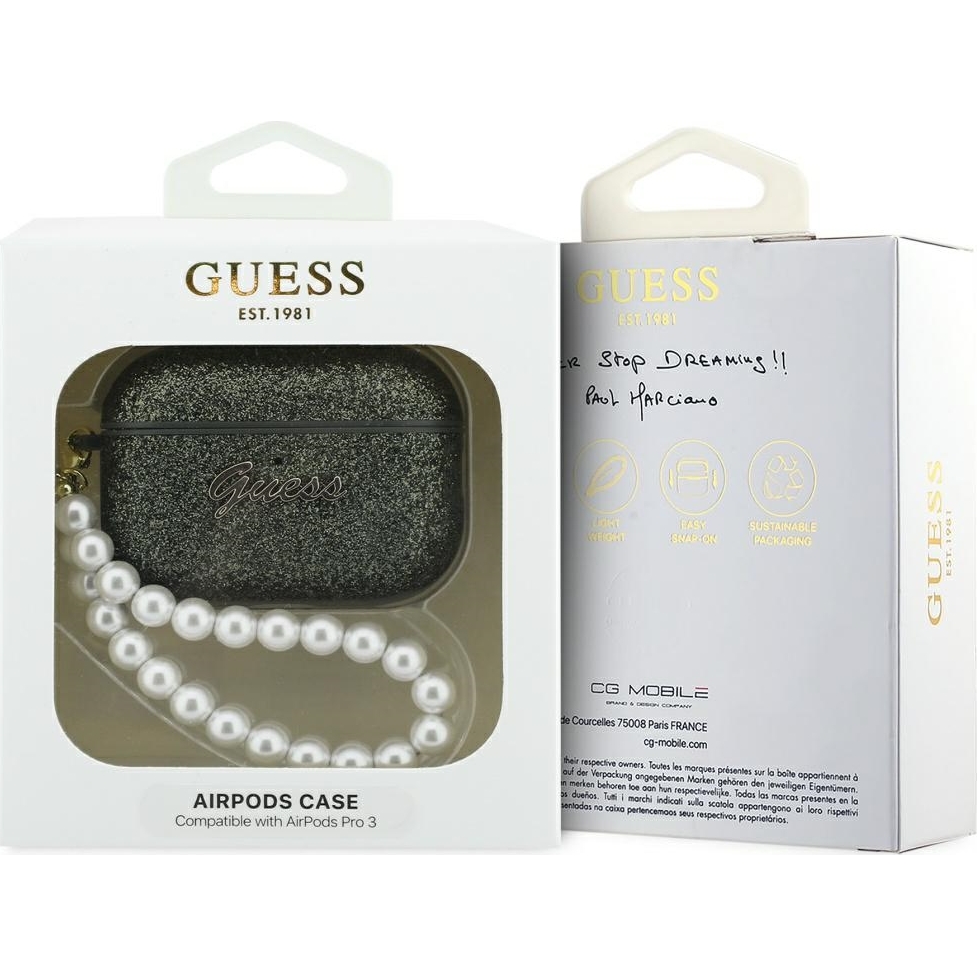 Oryginalne ekskluzywne etui od marki Guess z kolekcji Glitter Pearl Strap z perłową zawieszką dla Apple AirPods Pro 3, zielone